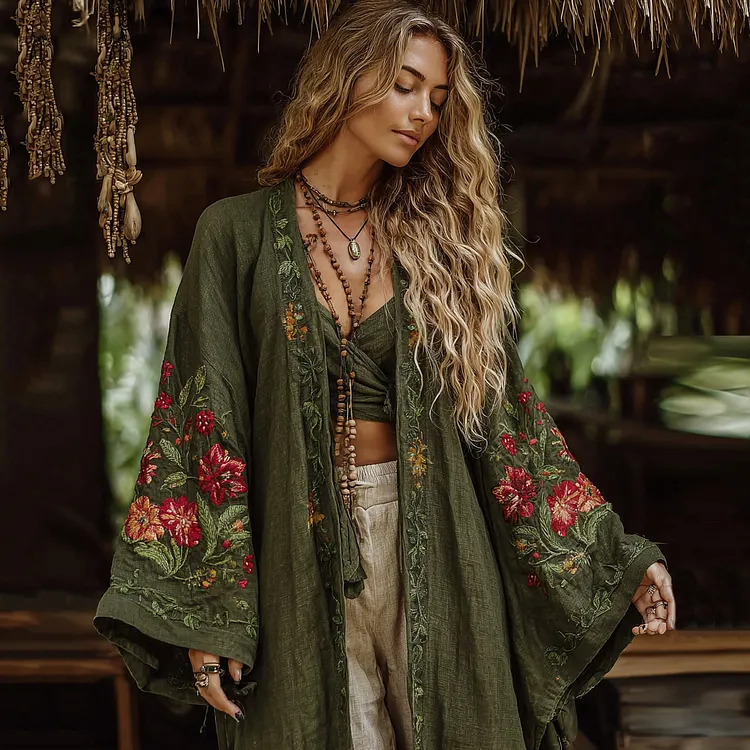 Vintage Bohemian Floral Art Embroidery Print Cotton And Linen Blend Midi-length Kimono Cardigan