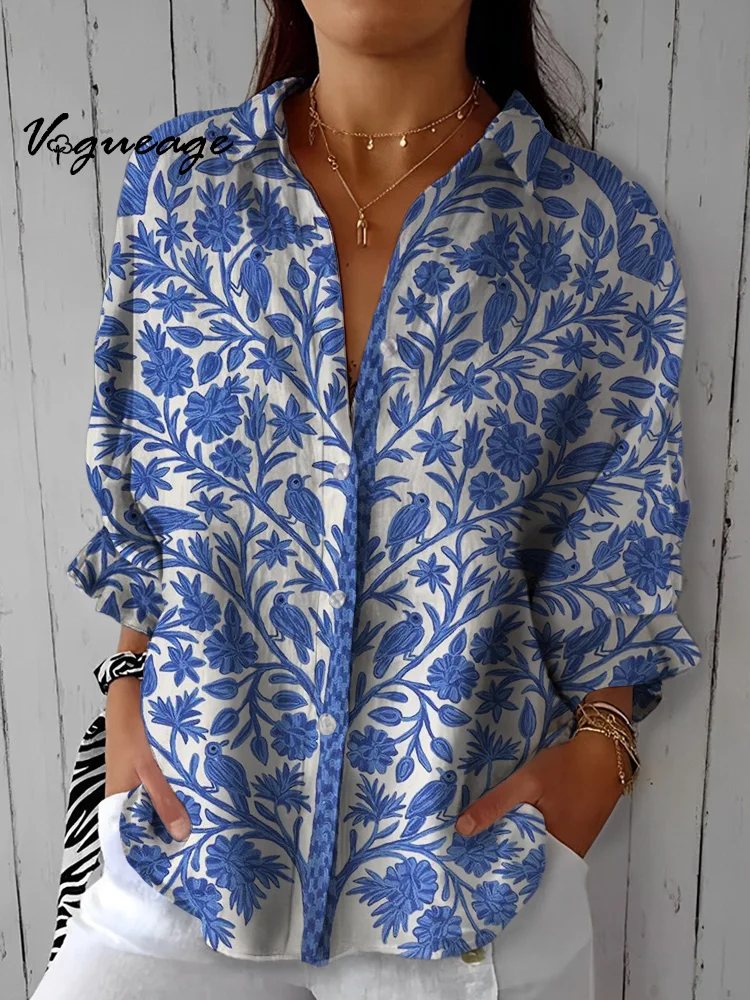 Elegant Plants And Birds Printed Three-Quarter Sleeves Cotton And Linen Shirt