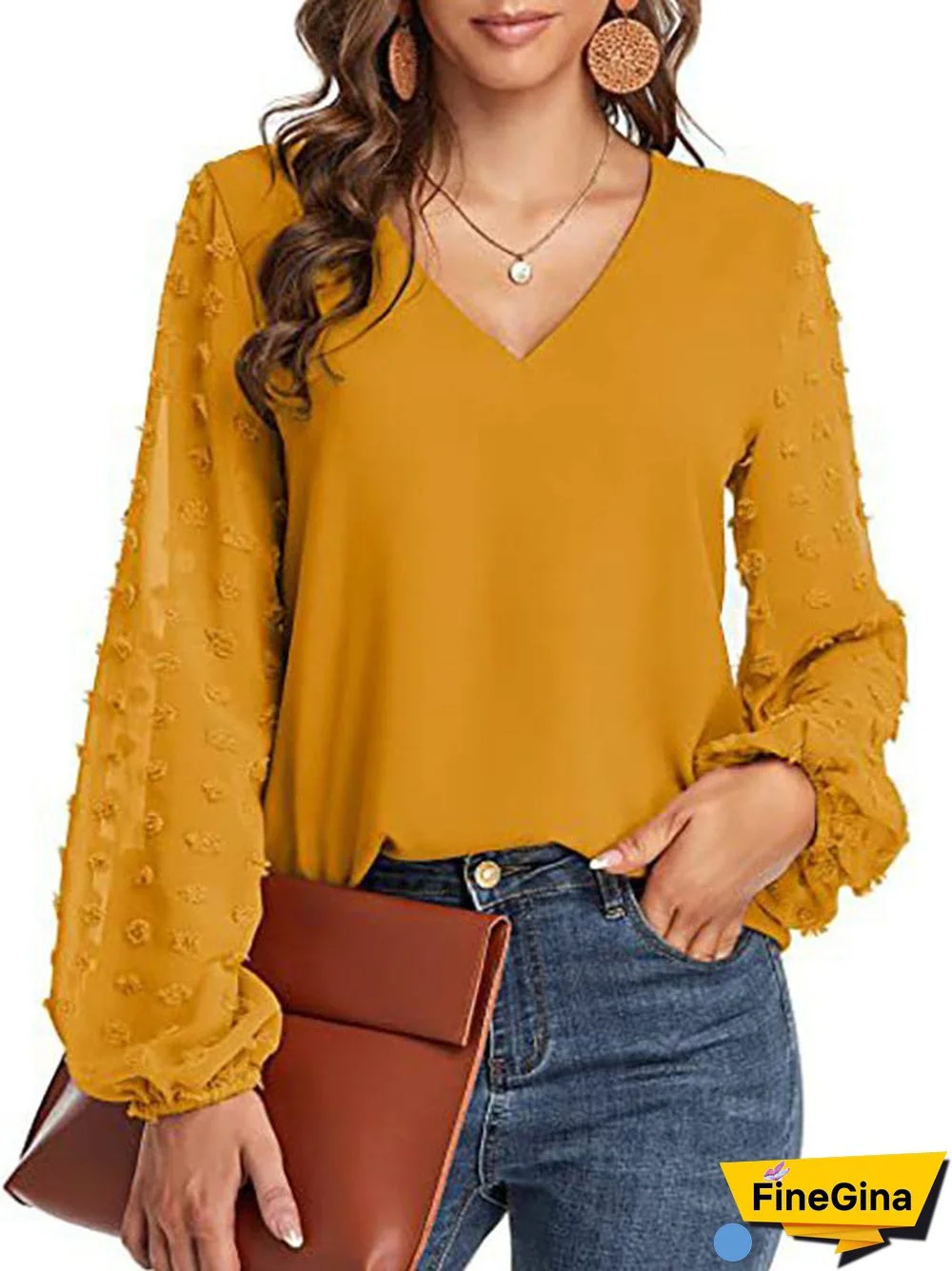 Women's Stitching Polka Dot Solid Color V-Neck Long Sleeve Top