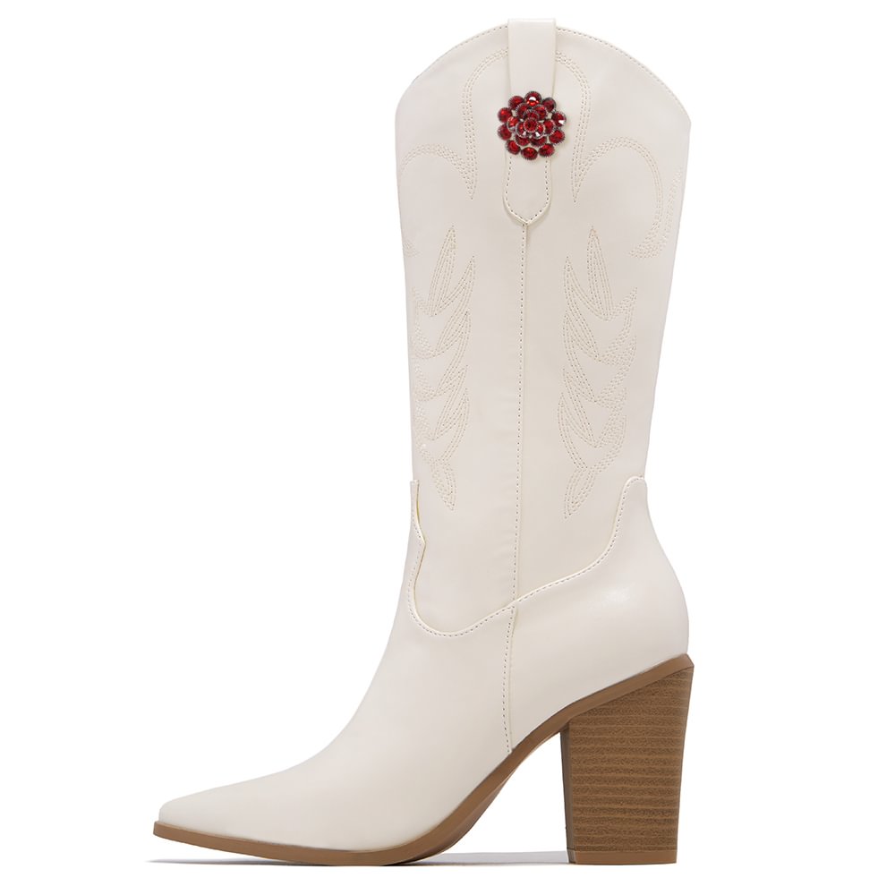 White Leather Knee Boots Red Rhinestone Flower Decor Chunky Heel Boots Nicepairs
