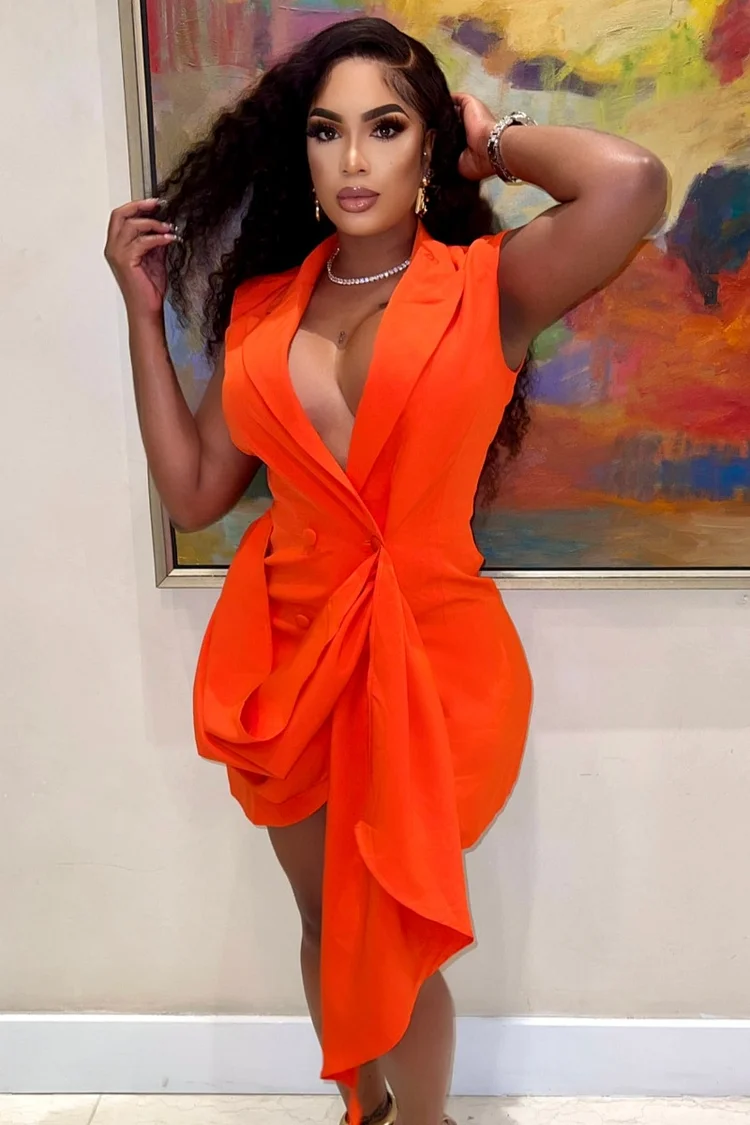 Orange Sleeveless Deep V-neck Mini Trench Coat Dress