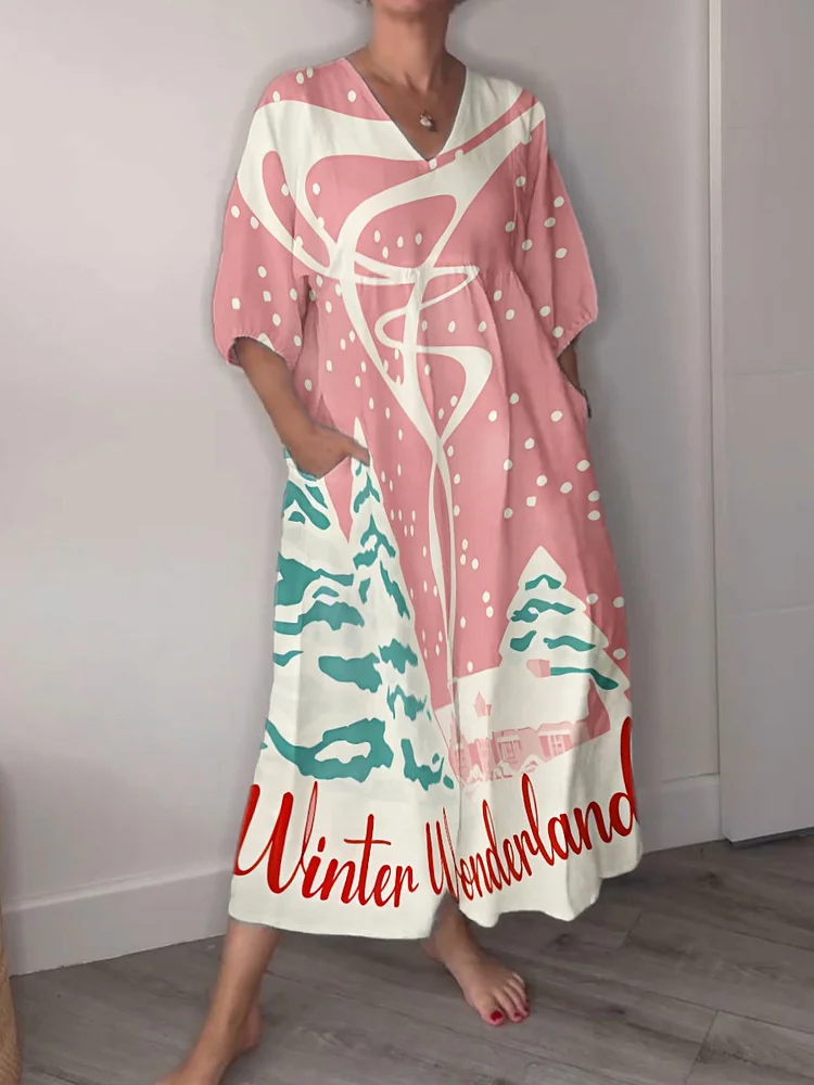 Women's Pink Art Snow Christmas Print Pocket V-neck Cotton Dress