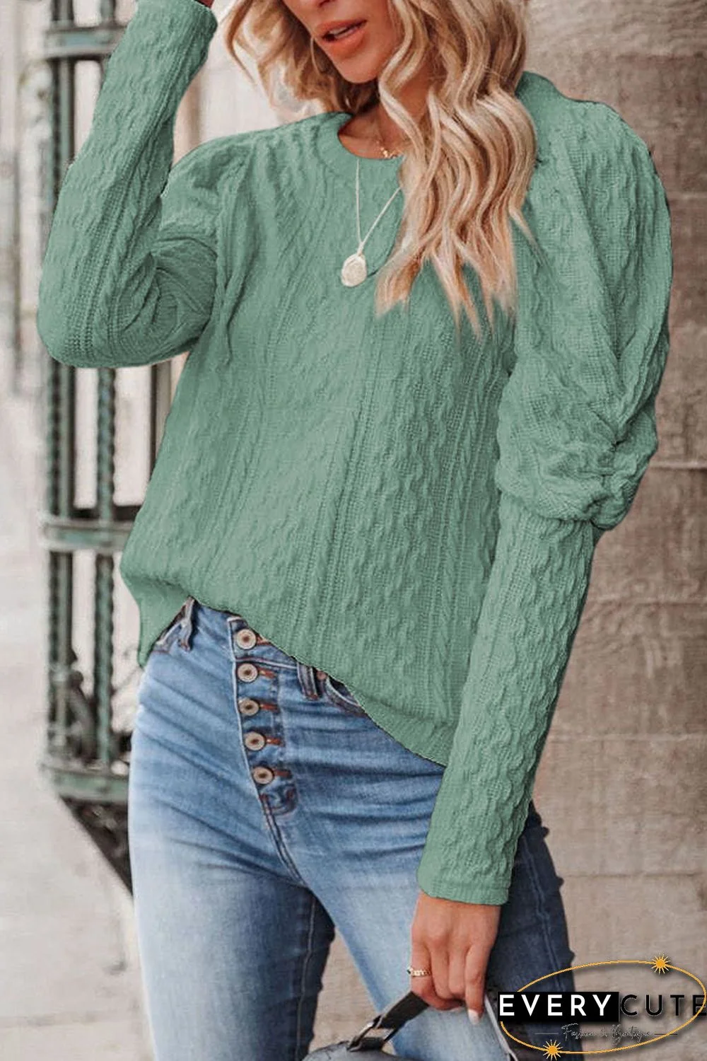 Solid Color Puffy Sleeve Textured Knit Top