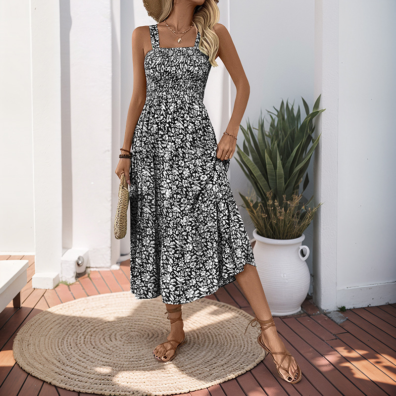Mature Women Casual Summer Mid-length Sleeveless Elastic Waist Printed Dress