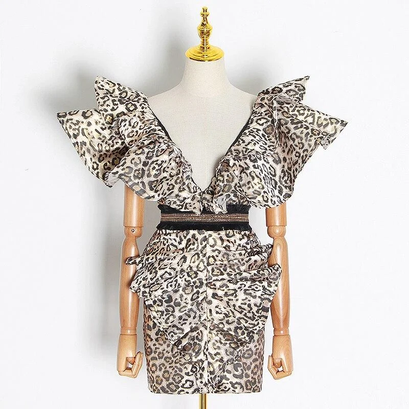 ABEBEY Vintage Ruffle Leopard Dress Women V Neck Sleeveless Backless  Bodycon Dresses Female 2023 Spring Fashion Tide