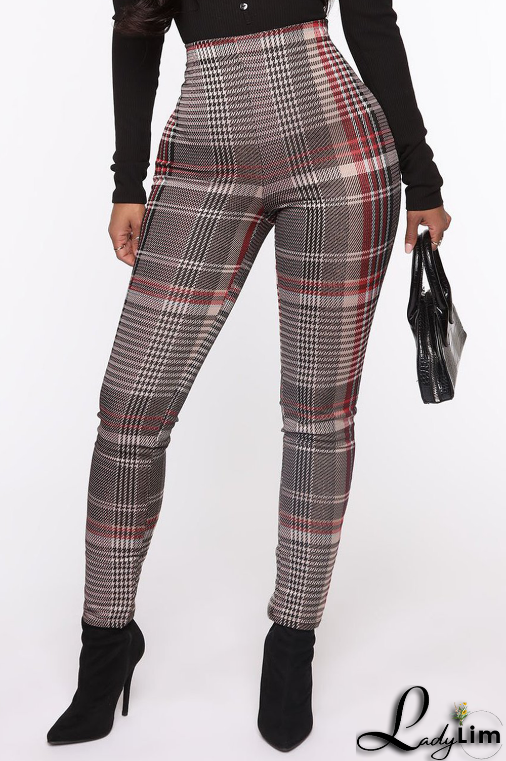 Red Casual Plaid Split Joint Skinny High Waist Pencil Full Print Bottoms