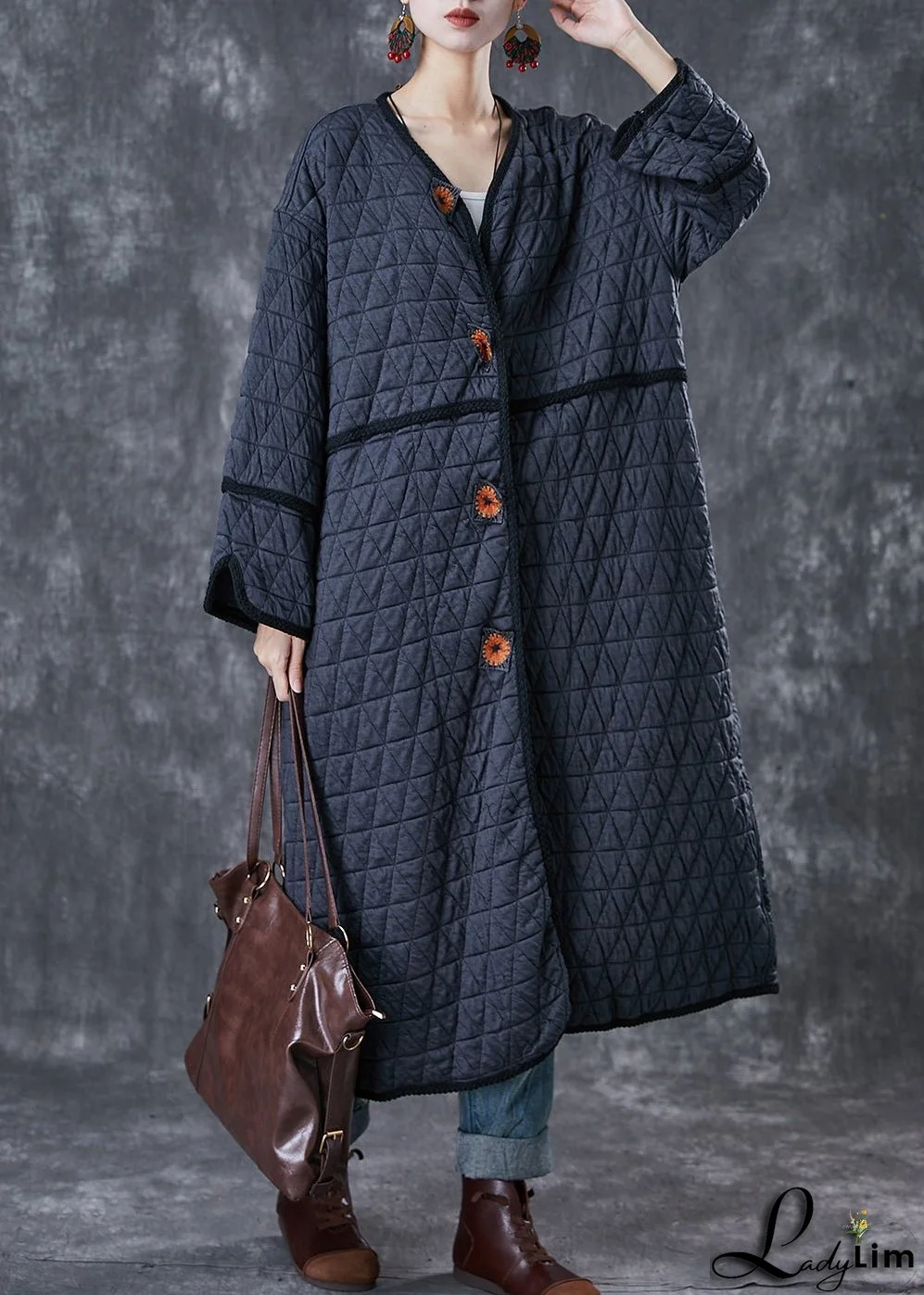Fine Dull Grey Embroideried Oversized Fine Cotton Filled Coat Winter