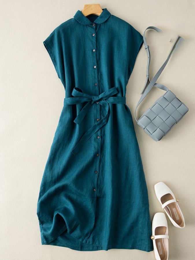 Women's Solid Color Lapel Sleeveless Artistic Retro Cotton And Linen Casual Dress