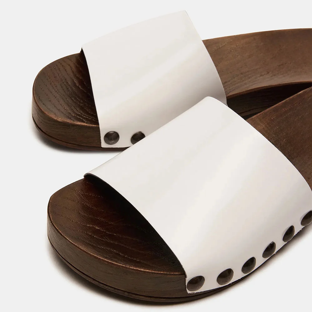 Chic White Patent Leather Round Toe Casual Studded Slip On Sandals