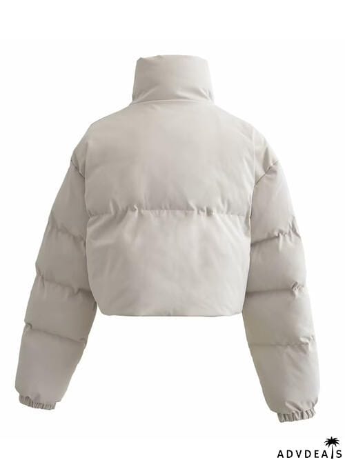 Snap and Zip Closure Drawstring Cropped Winter Coat