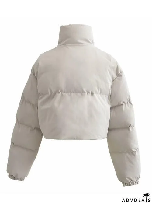 Snap and Zip Closure Drawstring Cropped Winter Coat