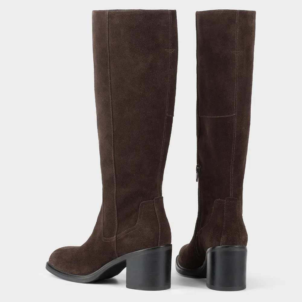 Vegan Suede Square Toe Zipper Block Heel Tall Boots in Dark Brown