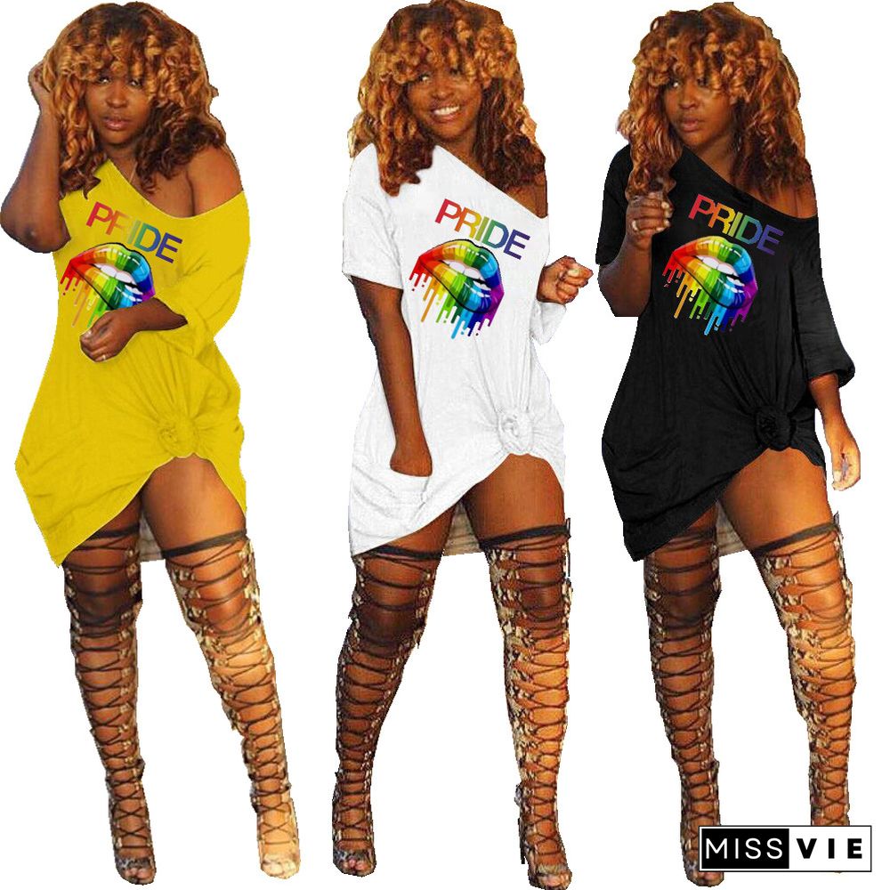 Lips Printed Sloping Shoulder Pocket Mini Leisure Dress