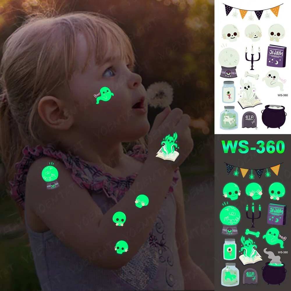 Halloween Party Cartoon Magic book witch Luminous night Tattoo Stickers Elf Ghost Temporary Waterproof Glitter Body Art For Kid
