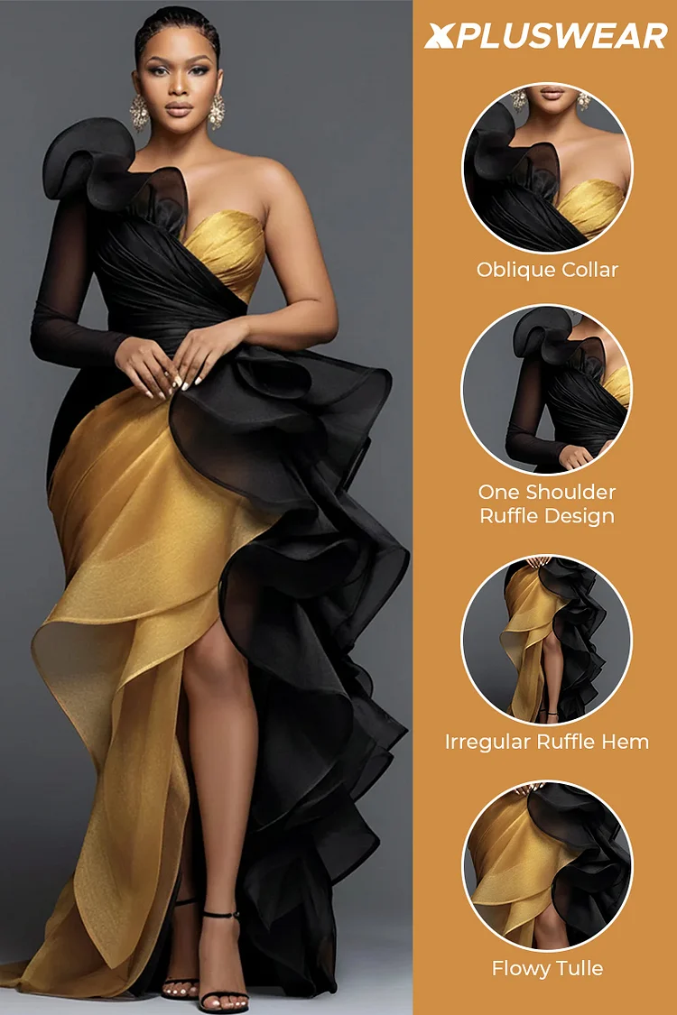 Xpluswear Design Plus Size Formal Gold Asymmetric Hem Ruffle Oblique Collar One Shoulder Long Sleeve Elegant Irregular Hem Maxi Dress Xpluswear Design Plus Size Formal Gold Asymmetric Hem Ruffle Oblique Collar One Shoulder Long Sleeve Elegant Irregular Hem Maxi Dress