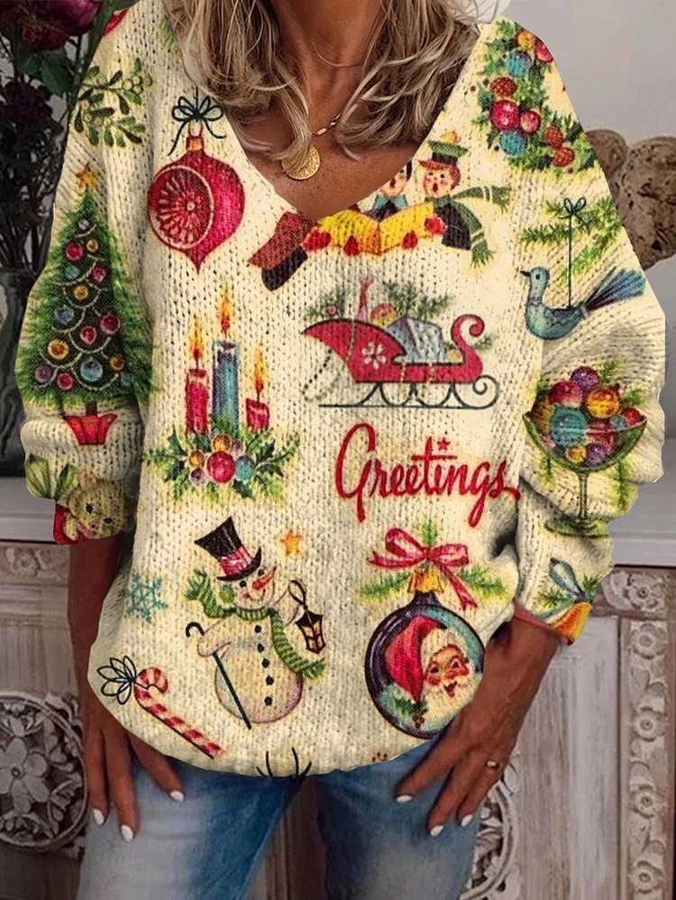 Vintage Christmas Print V-Neck Long Sleeve Sweater