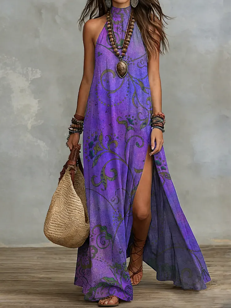 Bohemian-style Retro Floral Halter-neck Slit Dress &acirc;&euro;&rdquo; Cotton-linen Printed Vacation Wear