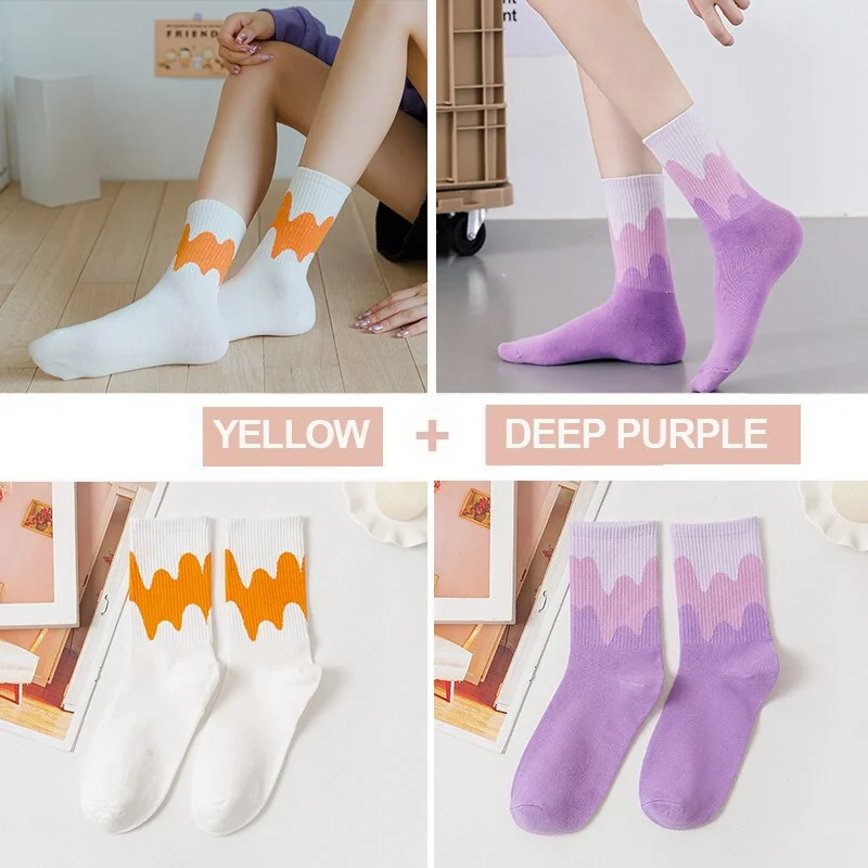 FINETOO 2Pairs/lot Women Midi Tube Socks Female Autumn Winter Candy Colors Korean Japanese Stitching Cotton Girls Graffiti Sock
