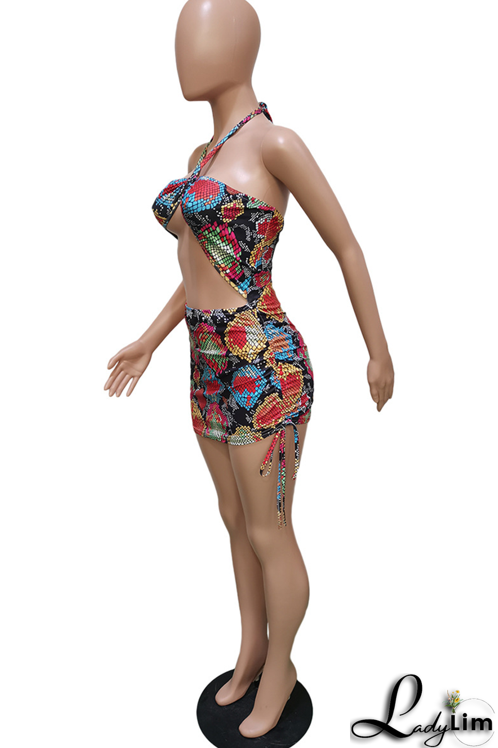 Pink Sexy Animal Print Draw String Halter Pencil Skirt Dresses