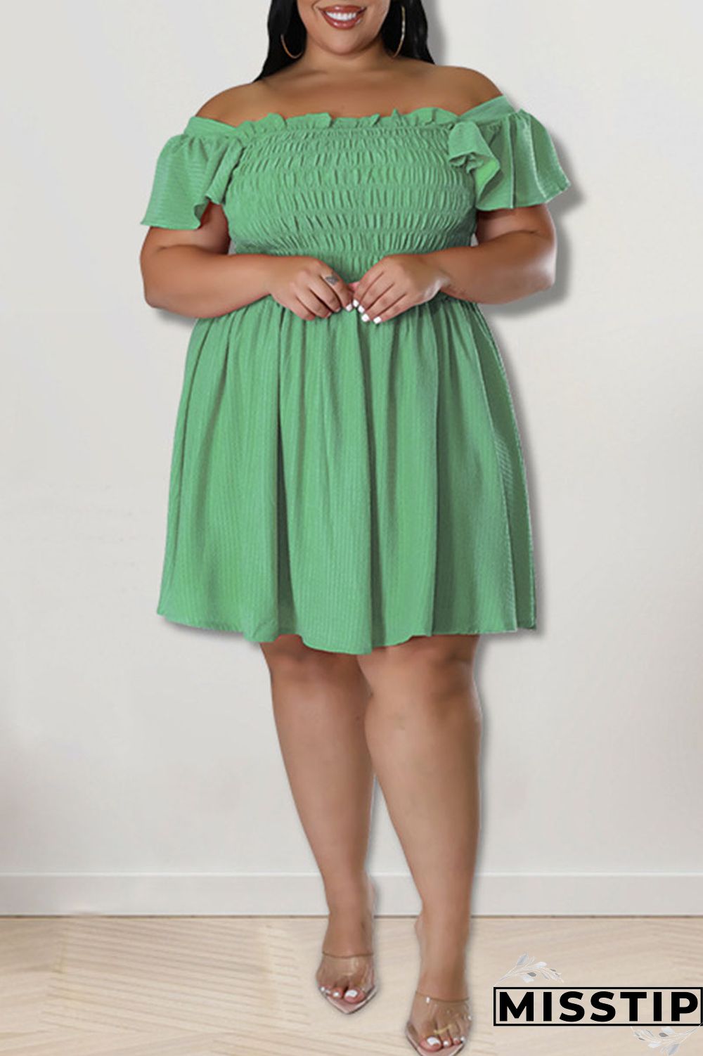 Rose Red Casual Sweet Solid Patchwork Fold Off the Shoulder A Line Plus Size Dresses