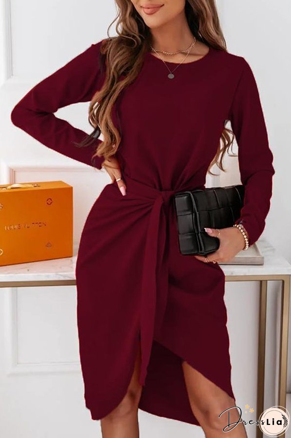 Fashion Elegant Solid With Belt O Neck Long Sleeve Dresses（3 colors）