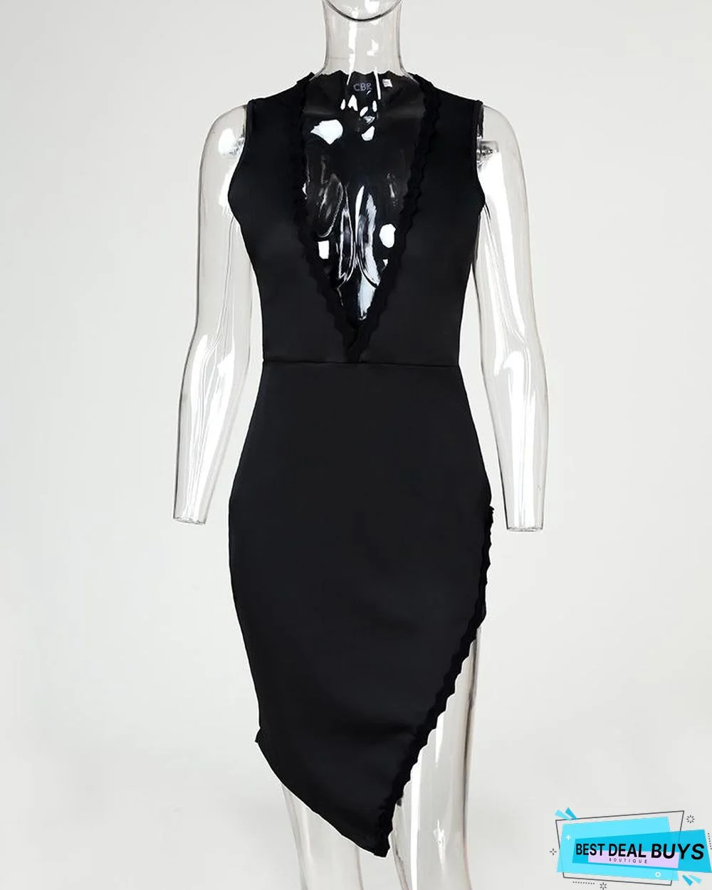 Sexy Deep V Scalloped Split Bodycon Dress Black Dresses