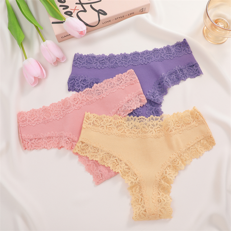 Intbuyer New Lace Seamless Cotton Panties Ribbed Maillard Brazilian Pants LowWaist Women Panties Breathable Girls Underwear Soft Lingerie