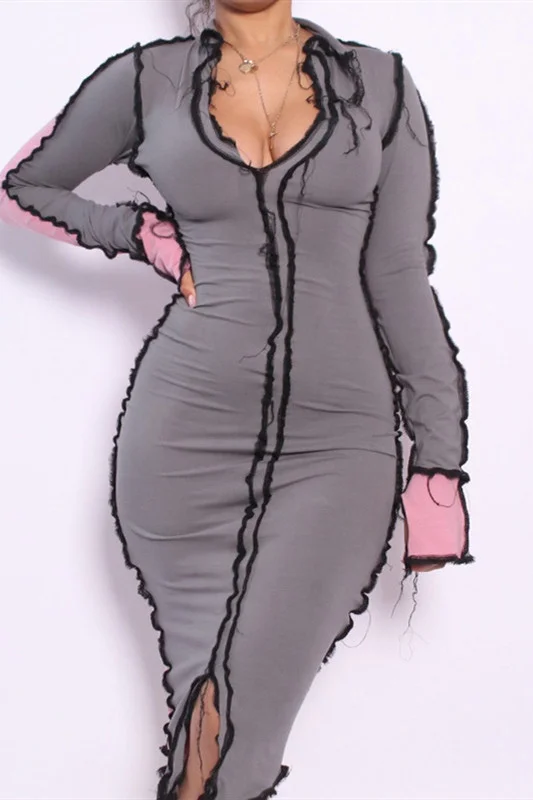 Grey Fashion Sexy Solid Patchwork V Neck Long Sleeve Dresses | EGEMISS