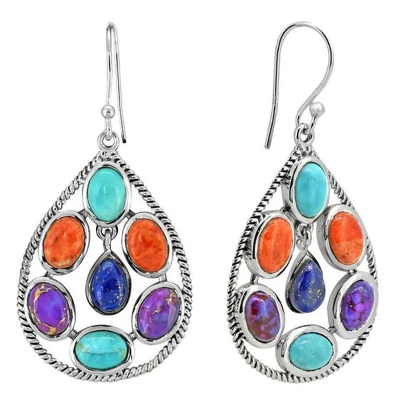 Vintage Boho Silver Color Drop Earring Gorgeous Metal Set 7 Colored Lapis Lazuli Statement Drop Earrings Party Jewelry