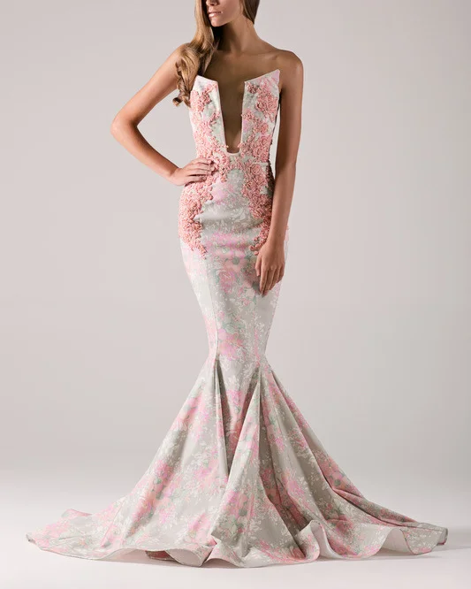 Pink Embroidery Jacquard Print Mermaid Skirt