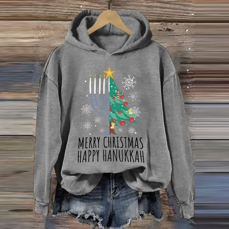 Women's Hanukkah Menorah Print Long Sleeve Hoodie