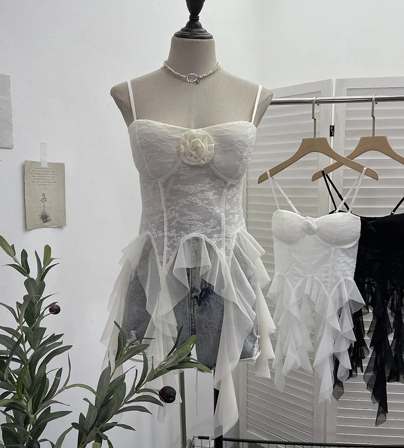 Uveng Sleeveless Vest Women With Chest Pads With Tectoral Lace Slings Irregular Ribbon Short Coat 1106