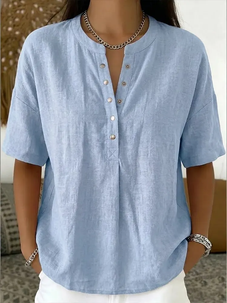 New Arrivals🔥Women's Casual Henley Collar Linen And Cotton Short-sleeve Shirt 