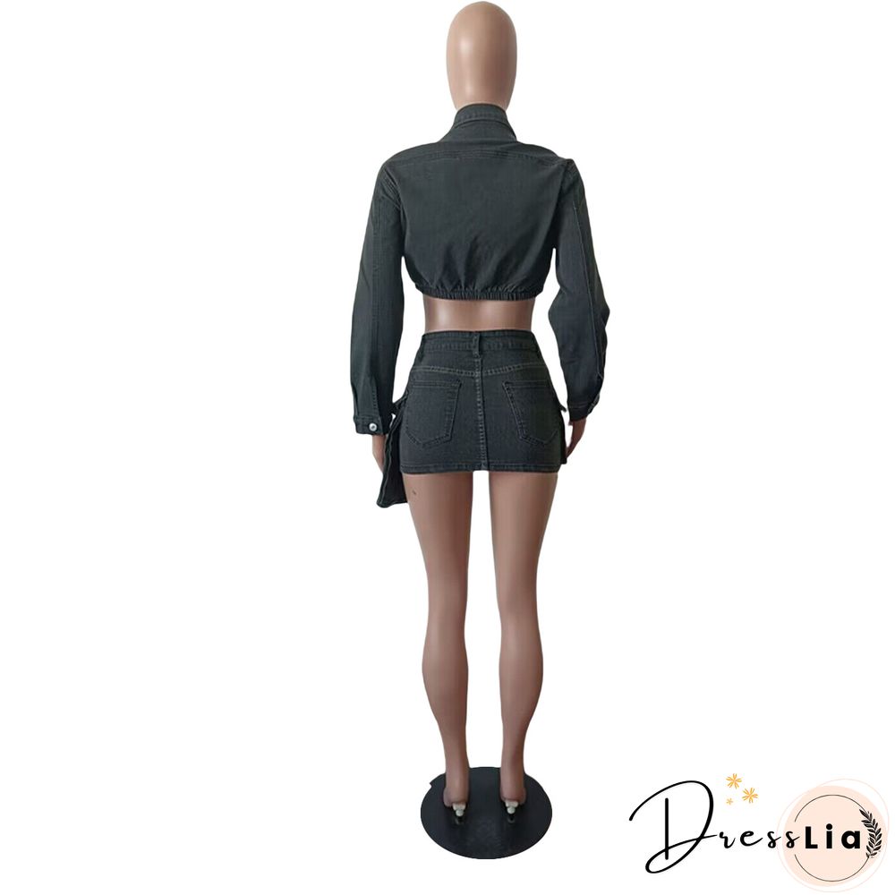 Denim Long Sleeve Jacket Mini Cargo Skirt Sets