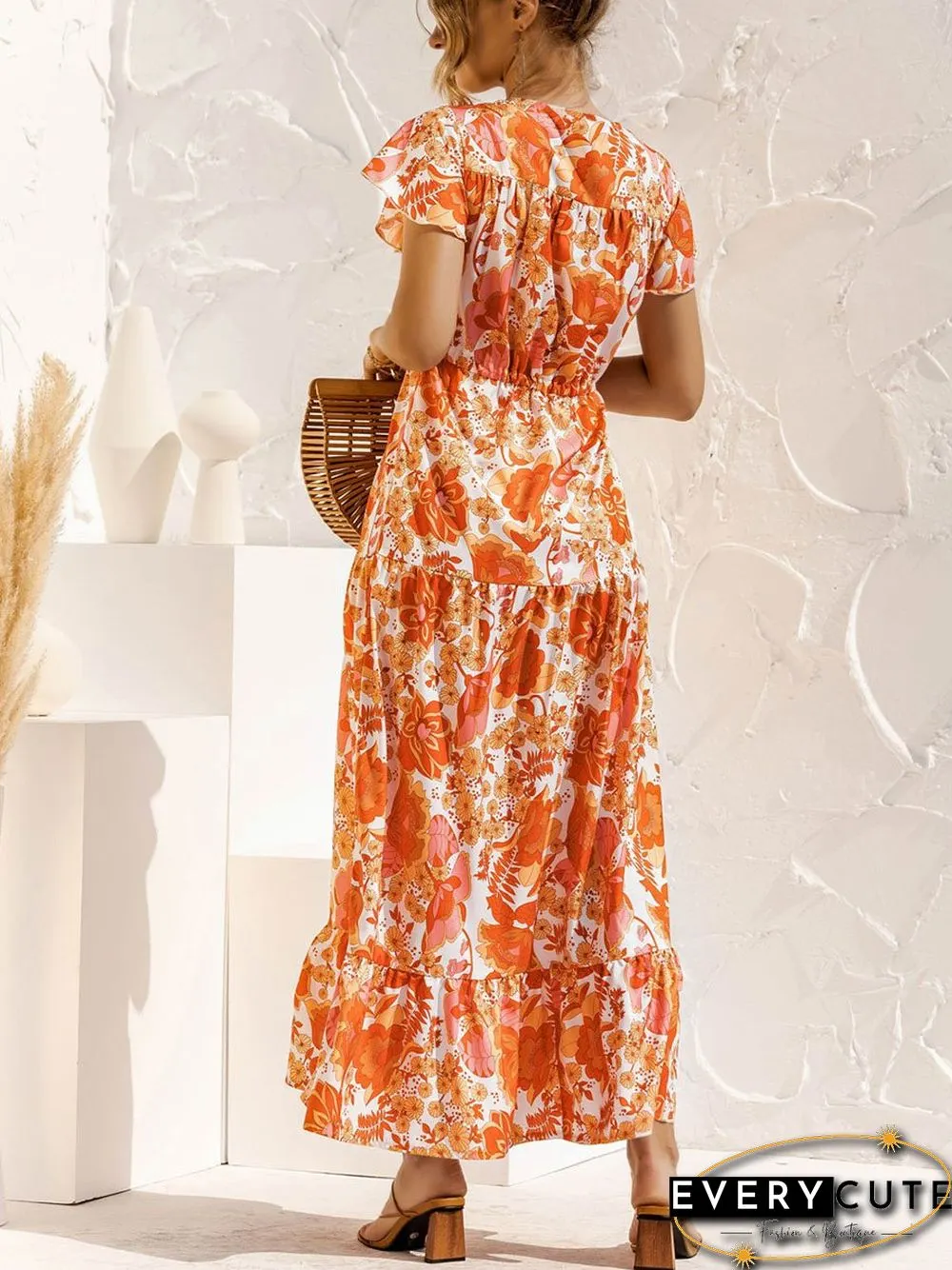 V-neck Floral Print Maxi Dress P16236