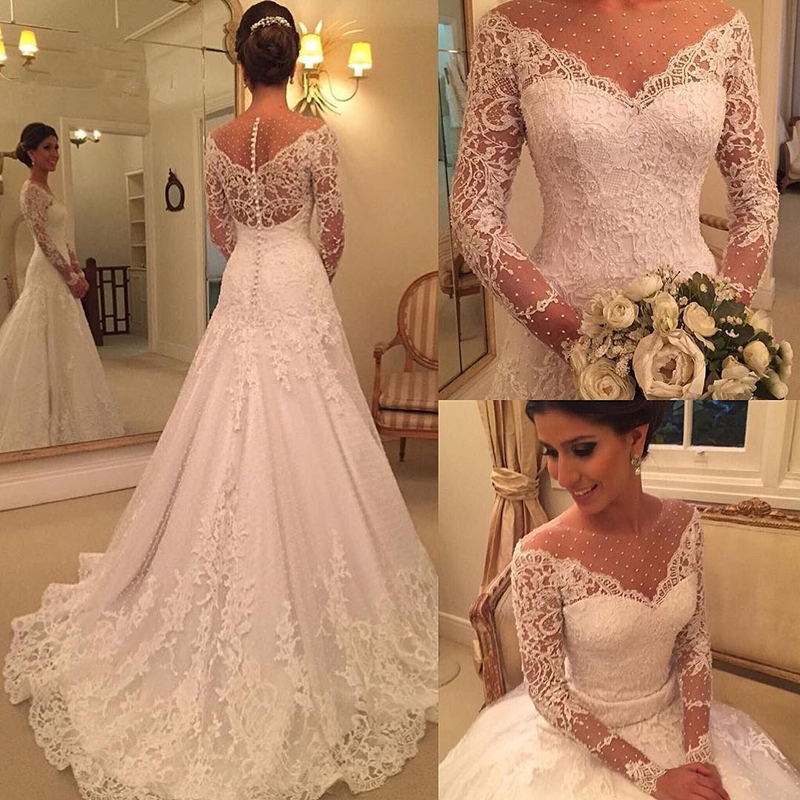 Daisda Long Sleeves Princess Glamorous Wedding Dress Lace Appliques With Pearls