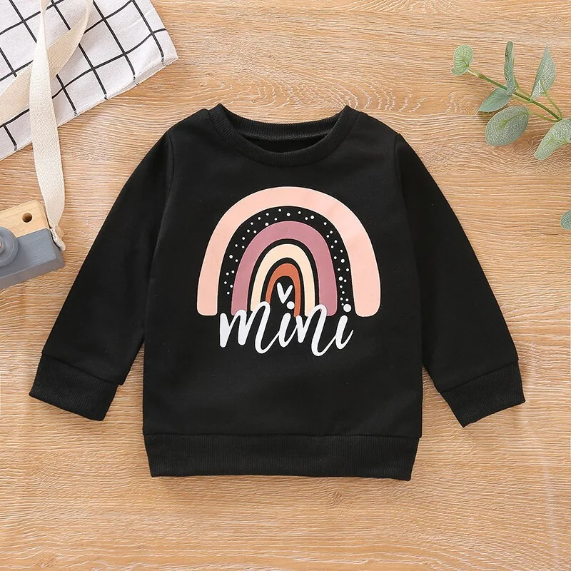 Baby Girls Long Sleeve T Shirt Mini Boys Rainbow Print Casual Tops Toddler Kids Solid Color Tees Children  Autumn Winter T-shirt