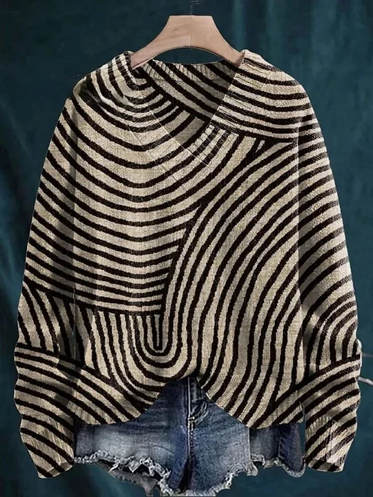 Women's Geometric Hand Drawn Circle Line Pattern  Print Knit V-neck Pullover Sweater