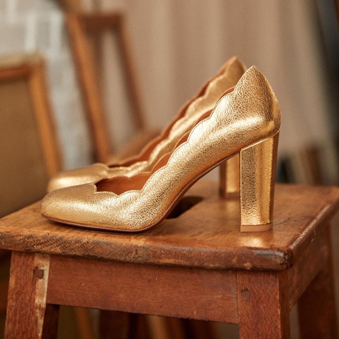 Gold Curve Almond Toe Block Heel Pumps for Women