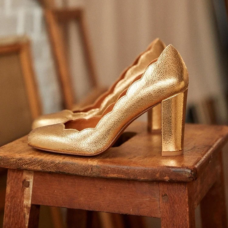 Gold Curve Almond Toe Block Heel Pumps for Women |FSJ Shoes
