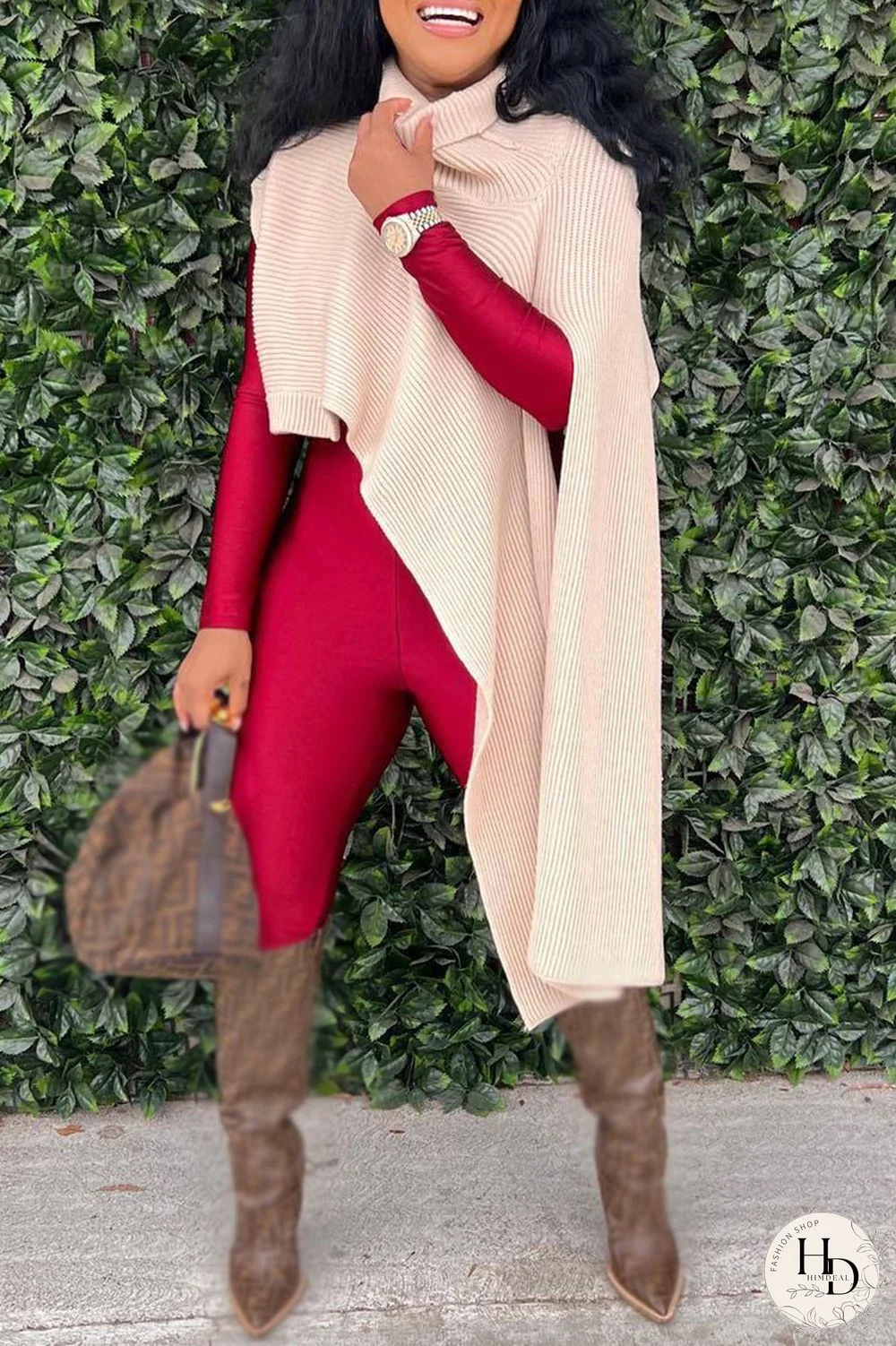 Red Street Solid Patchwork Slit Asymmetrical Turtleneck Tops