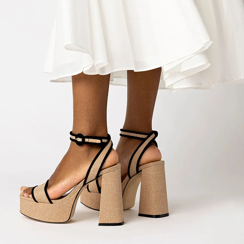 Beige & Black Chunky Heel Buckle Cross Ankle Strap Platform Sandals