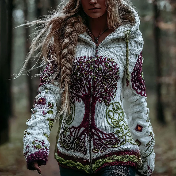 Women's Vintage Viking Celtic Knot Tree Of Life Art Knit Zip-up Hooded Sweater
