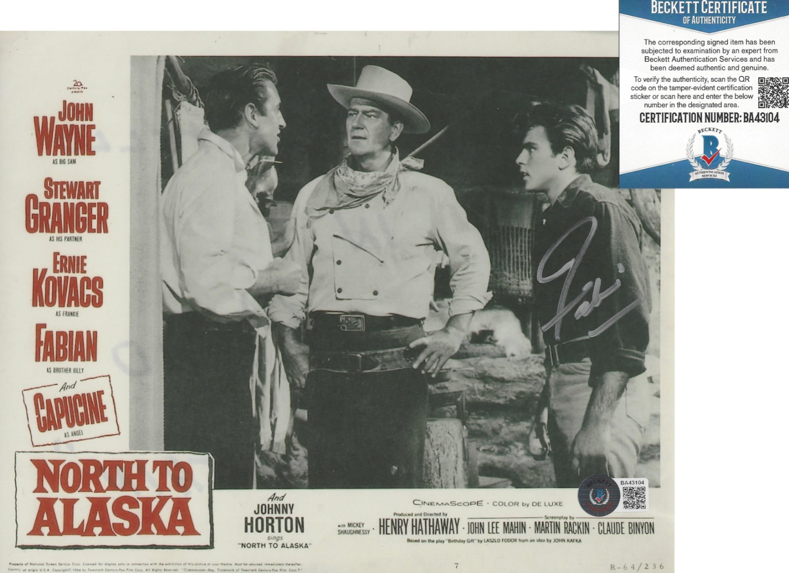 FABIAN FORTE SIGNED 'NORTH TO ALASKA' 8x10 MOVIE Photo Poster painting ACTOR BECKETT COA BAS