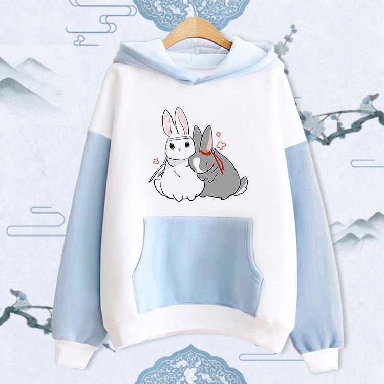 Cute Rabbit Print Pocket Hoodie - Modakawa Modakawa
