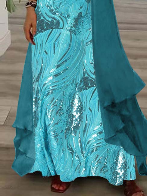 Women's Long Sleeve V-neck Graphic Printed Two Pieces Maxi Dress