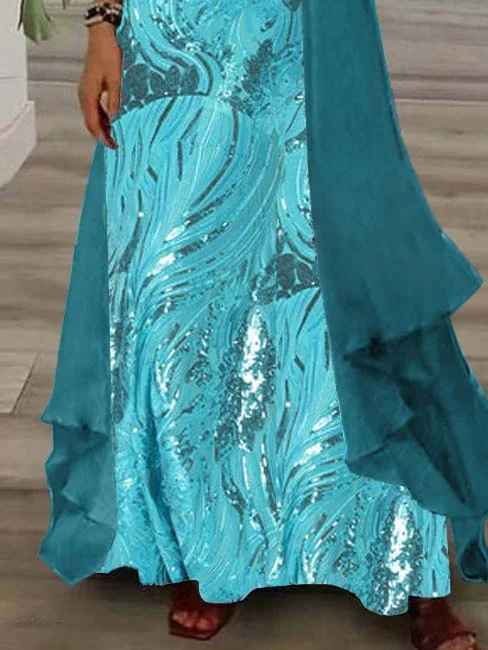 Women's Long Sleeve V-neck Graphic Printed Two Pieces Maxi Dress