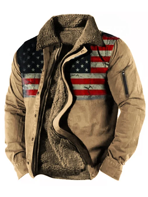 Men's Vintage American Flag Print Lining Plus Fleece Zipper Tactical Shirt Jacket
