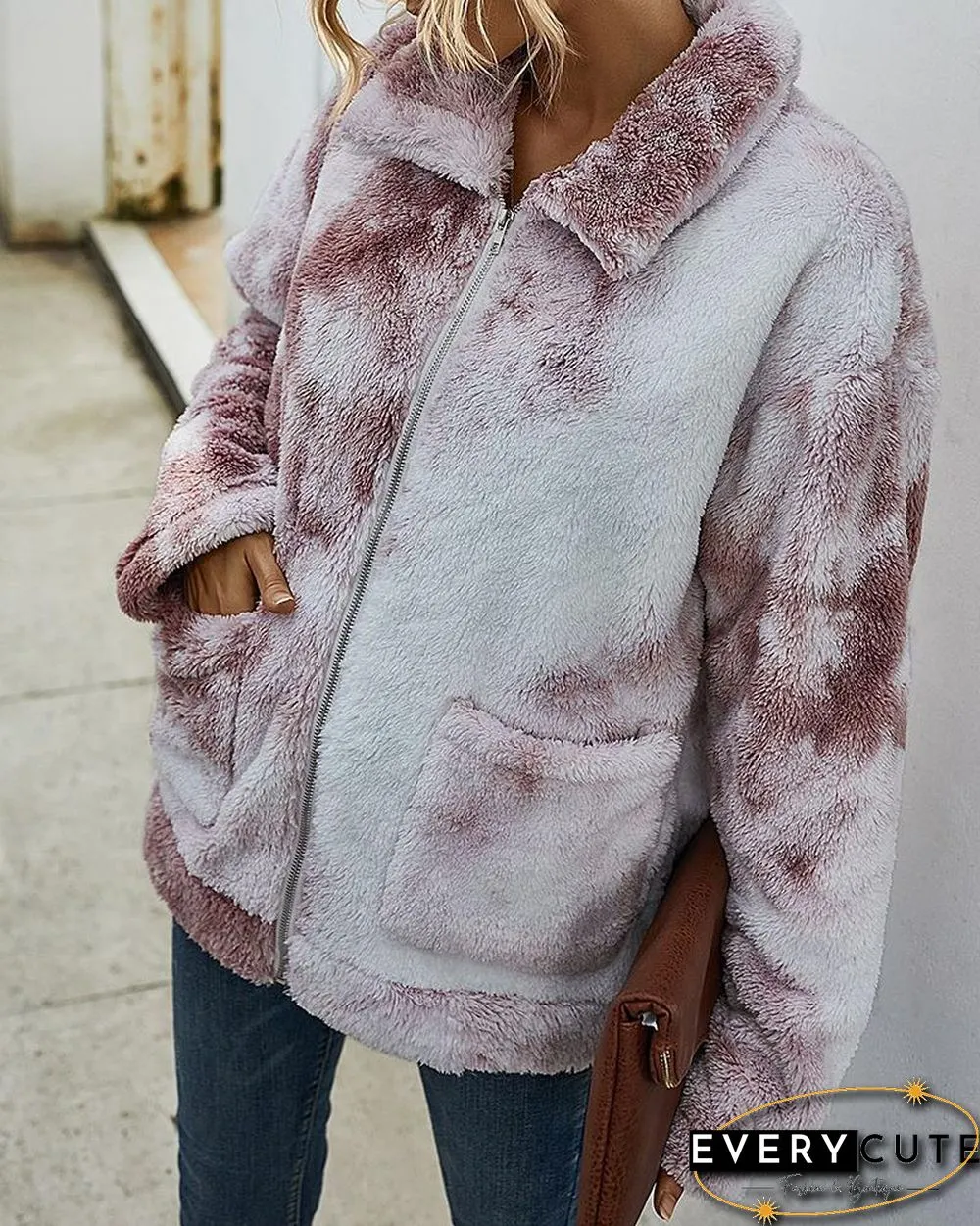 Tie Dye Print Fluffy Pockets Teddy Coat