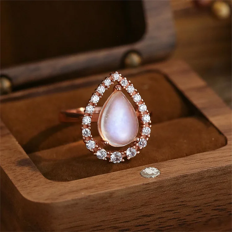 Olivenorma Water Drop Moonstone White Zircon S925 Rose Gold Ring